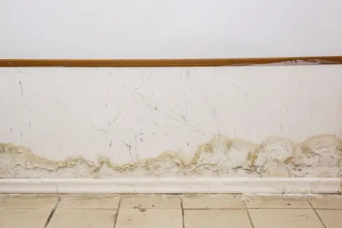 Wand mit Feuchterand und Salzspuren über dem Fußboden