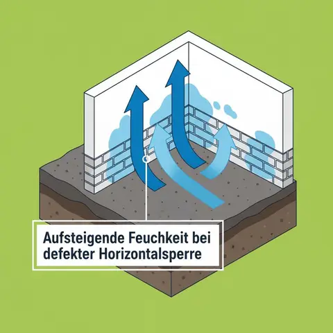 Infografik: aufsteigende Feuchtigkeit bei defekter Horizontalsperre