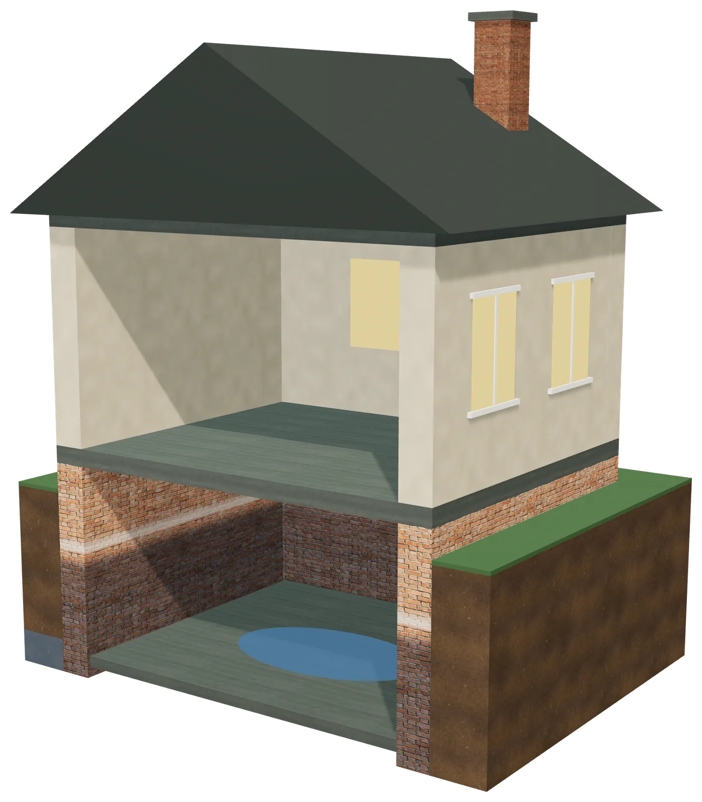 Schnittmodell eines Hauses mit nassem Keller: Wasser steht auf dem Kellerboden, die Wand ist bis zu einem weißen Salzrand durchfeuchtet.